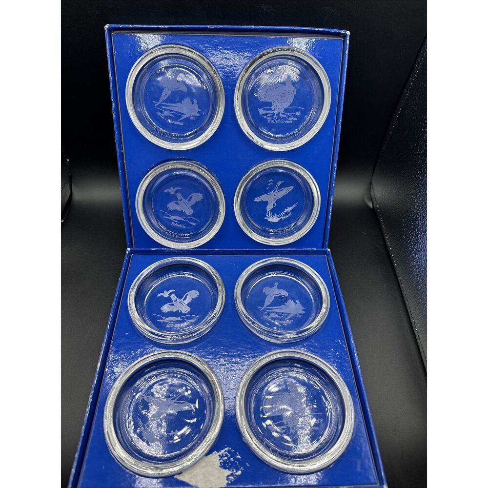 Rare L.E. Smith Glass Company 8 Glass Bird In Flight Etched Glass Coaster Set-3O